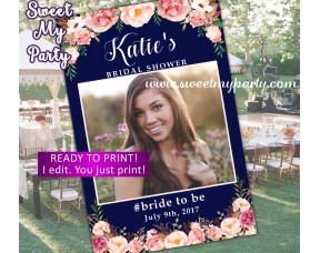 Navy photo booth frame,Nay blush Bridal Shower photo booth props frame,Floral Baby shower photo frame,(design 036w)